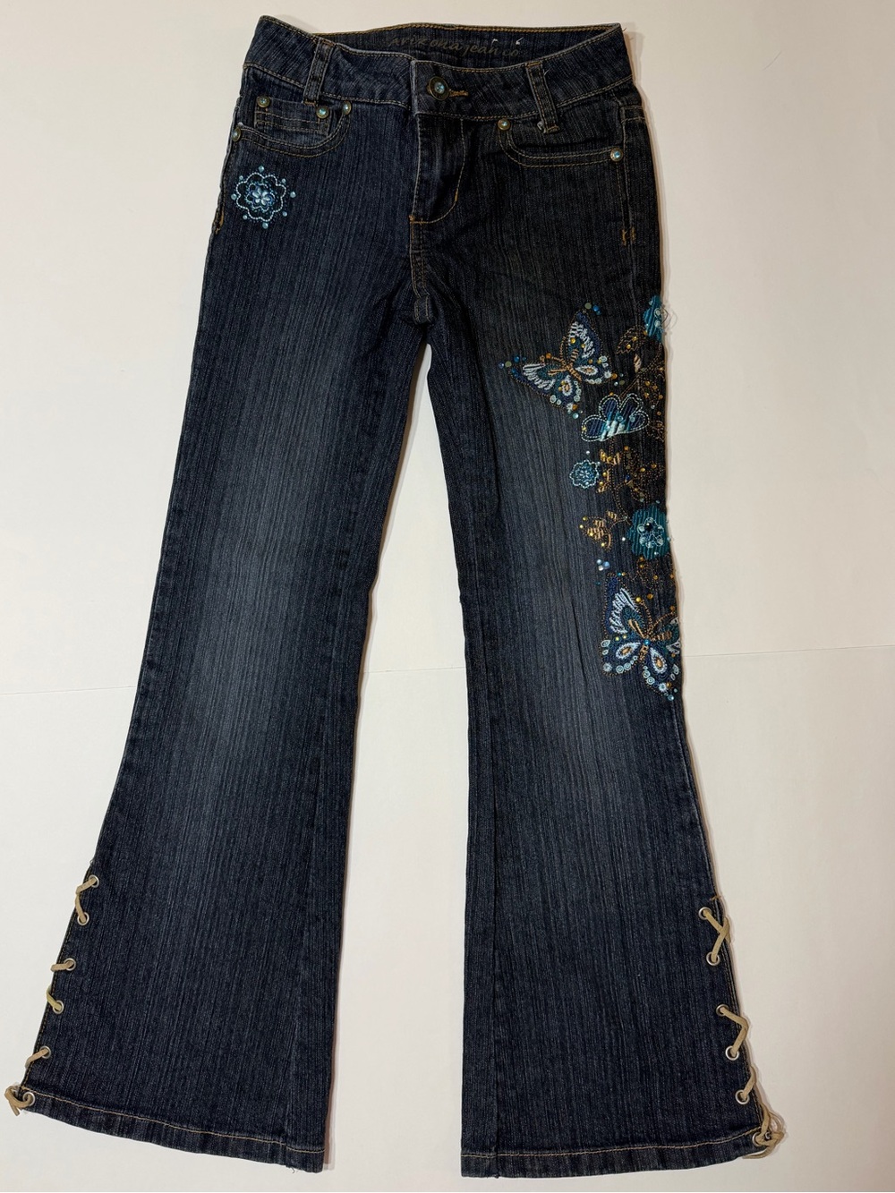 Arizona Jeans Darkwash denim Flare with butterfly embellishments